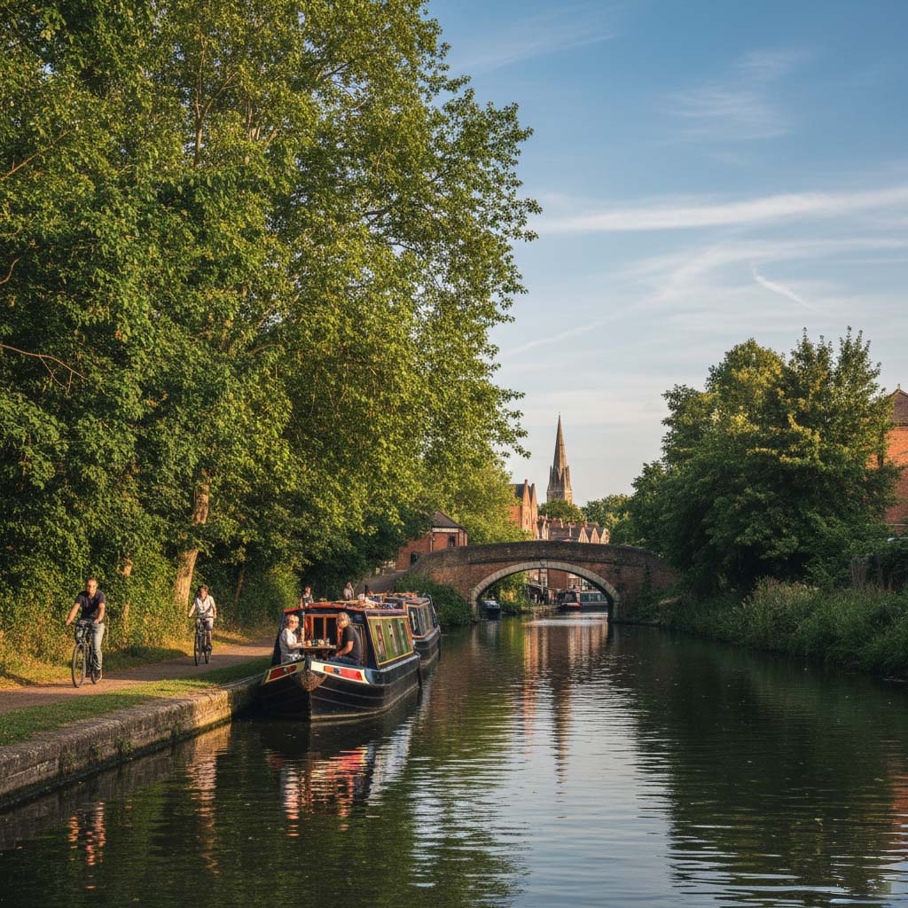 A couple walking along the towpath of the Grand Union Canal next to a lock.