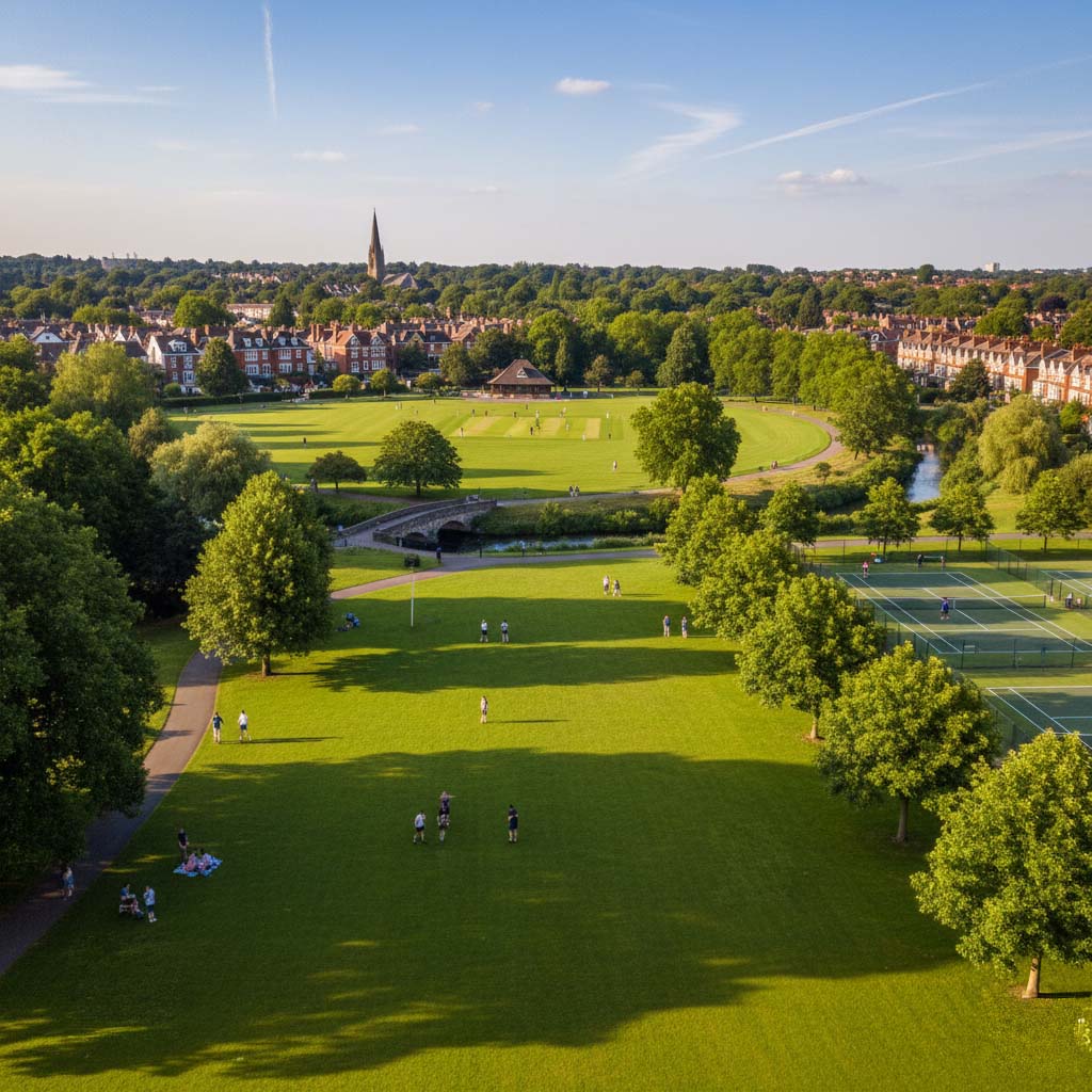 A sunny day in Pitshanger Park with people enjoying the green space.