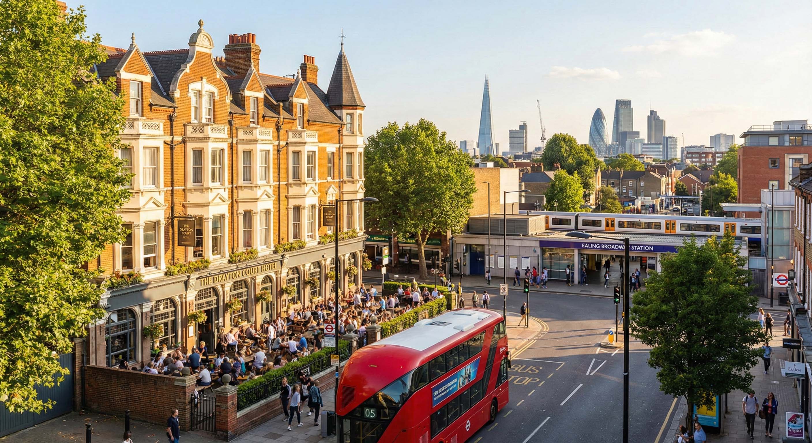 Ealing street scene with local buildings and a red London bus